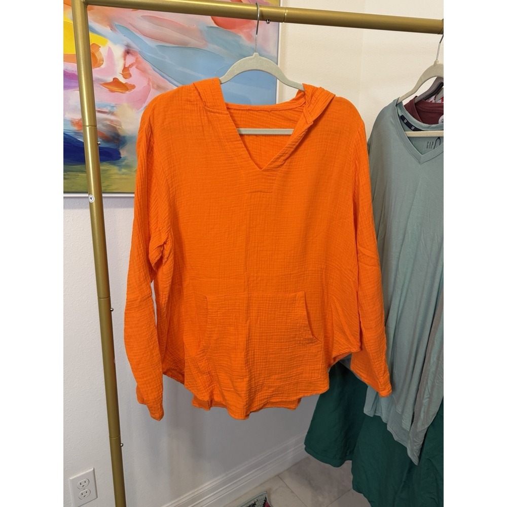 Women's Solid Orange Vibrant Hood Pullover Cotton Shirt  Medium‎